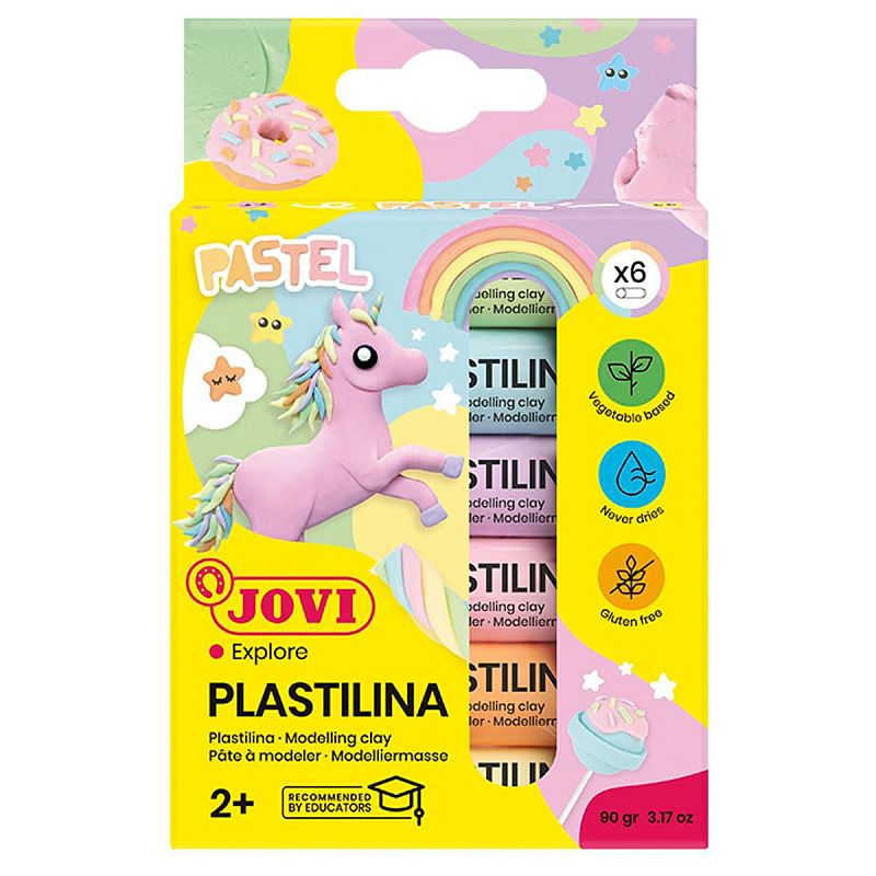 Пластилин JOVI, 06 пастельных цветов, 90г, растительный, картон, европодвес