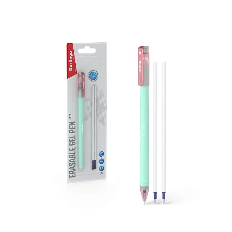 Ручка гелевая стираемая Berlingo "Haze" синяя, +2 сменных стержня, 0,5мм, прорезин. корпус, зеленый корпус 