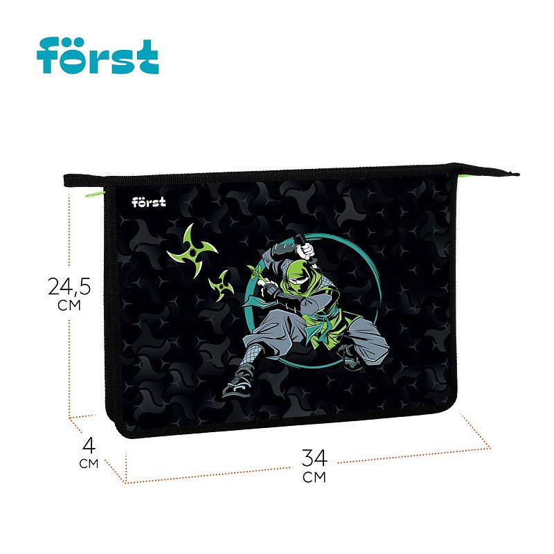 Папка для тетрадей 1 отделение, А4 Först "Ninja", 340*245*40мм, пластик, на молнии 