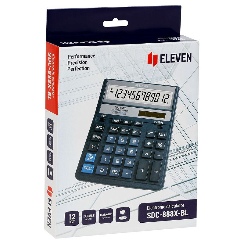 Калькулятор настольный Eleven SDC-888X-BL, 12 разрядов, двойное питание, 158*203*31мм, синий
