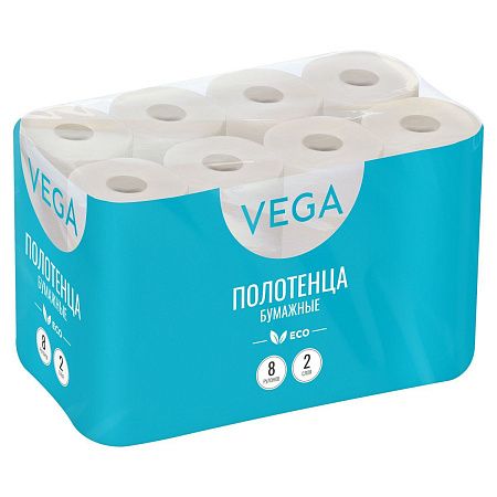 Полотенца бумажные в рулонах Vega, 2-слойные, 8шт., 12 м/рул., тиснение, цвета естественного волокна