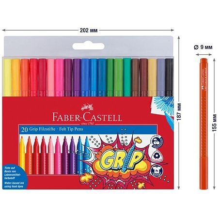 Фломастеры Faber-Castell "Grip", 20цв., трехгранные, смываемые, пластик. уп., европодвес