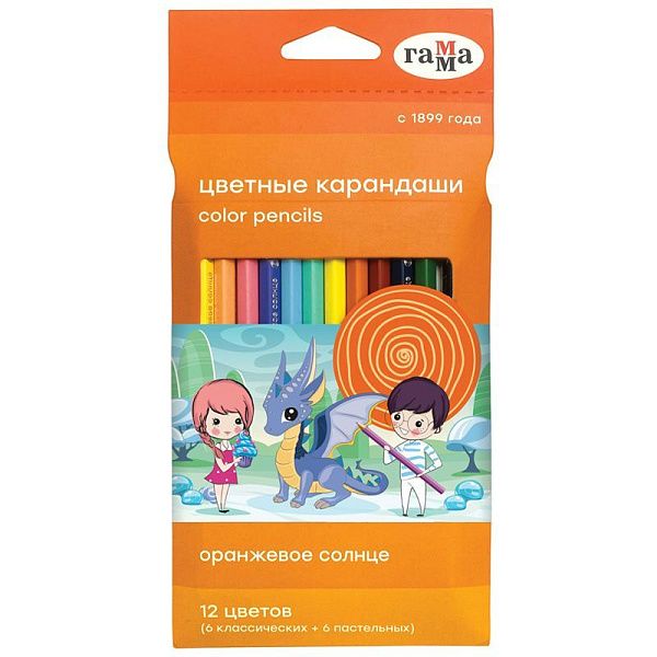 Карандаши цветные Гамма "Оранжевое солнце", 12цв. (6 классич. + 6 пастельных), заточен., картон, европодвес