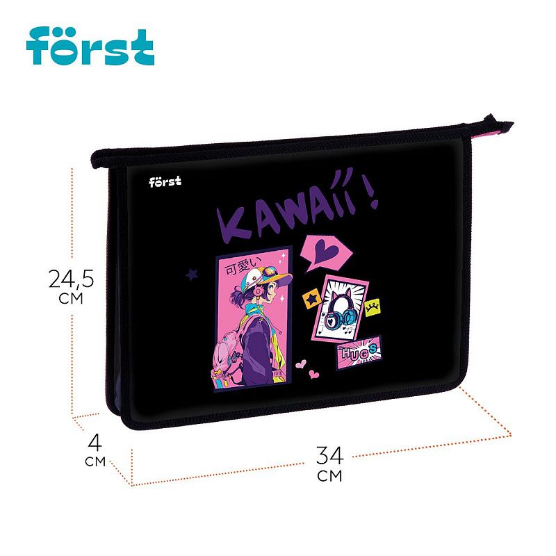 Папка для тетрадей 1 отделение, А4 Först "Kawaii" , 340*245*40 мм, пластик, на молнии 