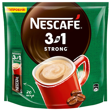 Кофе растворимый порционный NESCAFE "3 в 1 Крепкий", КОМПЛЕКТ 20 пакетиков по 14,5 г, 12460873