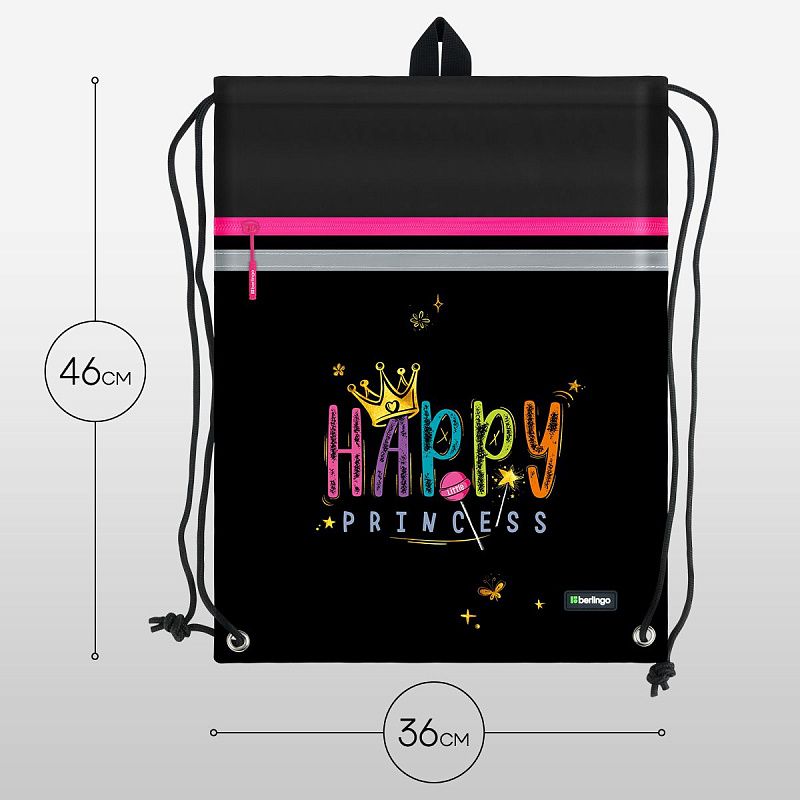 Мешок для обуви 1 отделение Berlingo "Candy Princess", 360*460мм, вентиляционная сеточка , светоотражающая лента, карман на молнии 