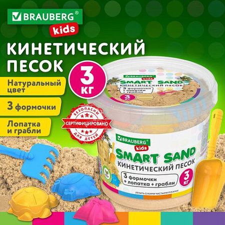 Песок для лепки кинетический песочный 3000 г, 3 формочки, лопатка, грабли, ведро, BRAUBERG KIDS, 665480