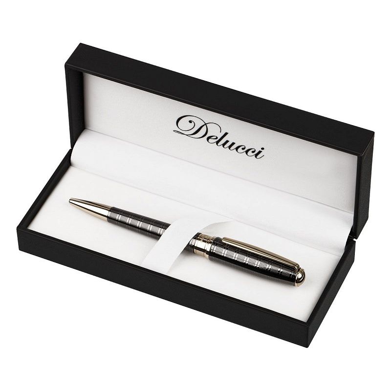 Ручка шариковая Delucci "Vestito" синяя, 1,0мм, корпус черный лак/золото, поворотн., подарочная упаковка 