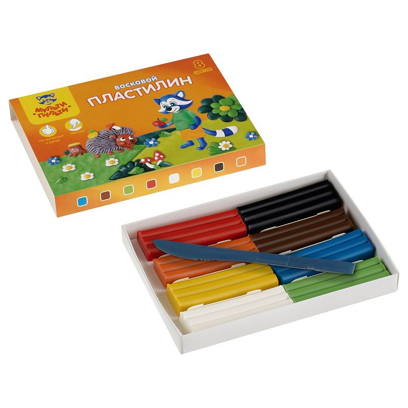Пластилин Мульти-Пульти "Енот в лесу", 08 цветов, 120г, восковой, со стеком, картон, европодвес