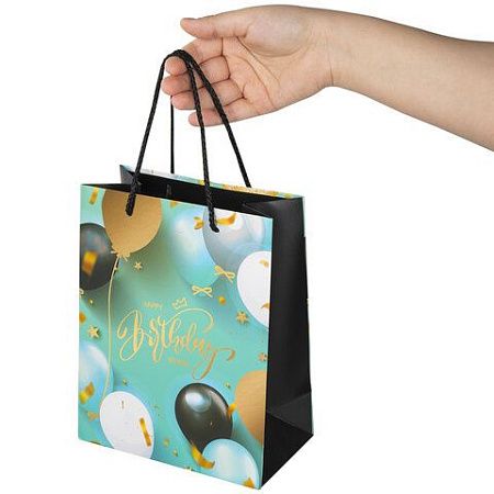 Пакет подарочный 17,8x9,8x22,9 см ЗОЛОТАЯ СКАЗКА "Happy Birthday", фольга, бирюзовый, 608239