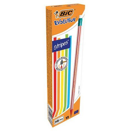 Карандаш чернографитный BIC, 1 шт., "Evolution Stripes", HB, с ластиком, корпус ассорти, 8960342 