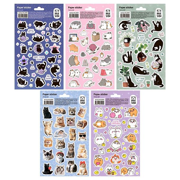 Наклейки бумажные MESHU "Funny cats", 12*21см, ассорти 10шт., европодвес