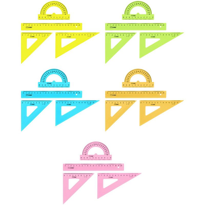 Набор чертежный СТАММ, размер M (линейка 20см, 2 треугольника, транспортир), прозрачный, неоновые цвета, ассорти, европодвес 