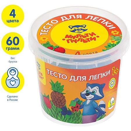 Тесто для лепки Мульти-Пульти "Енот на каникулах", 04 цвета*60г, пластиковый стакан