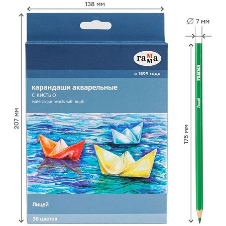Карандаши акварельные Гамма "Лицей", 36цв., шестигранные, заточен., с кистью, картон. упаковка, европодвес