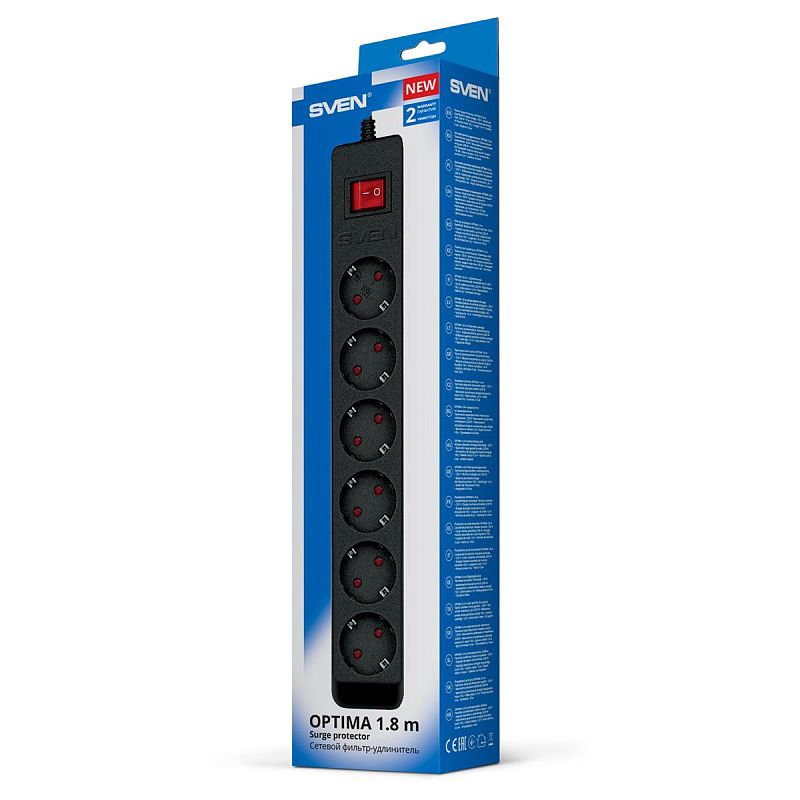 Сетевой фильтр Sven Optima 6 розеток с защитными шторками 1,8м, черный