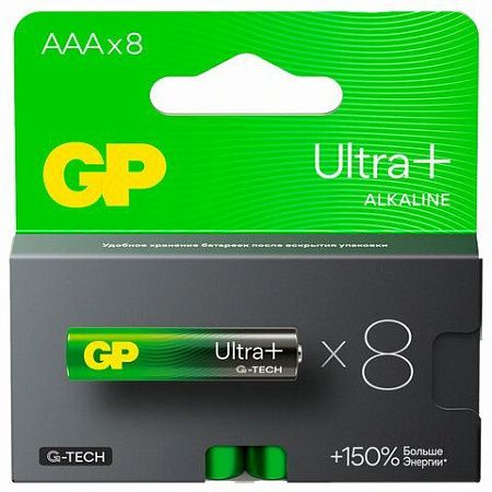 Батарейки КОМПЛЕКТ 8 шт., GP Ultra Plus G-Tech, AAA (LR03), алкалиновые, мизинчиковые, 24AUPA21-2CRB8