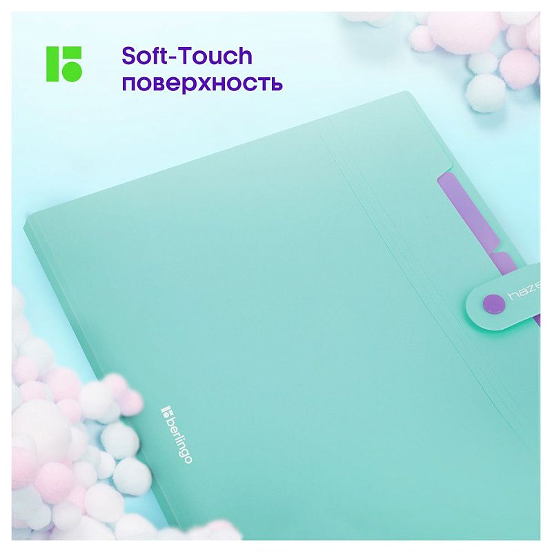 Папка 5 отделений Berlingo "Haze", А4, 600мкм, на кнопке, мятная, софт-тач 