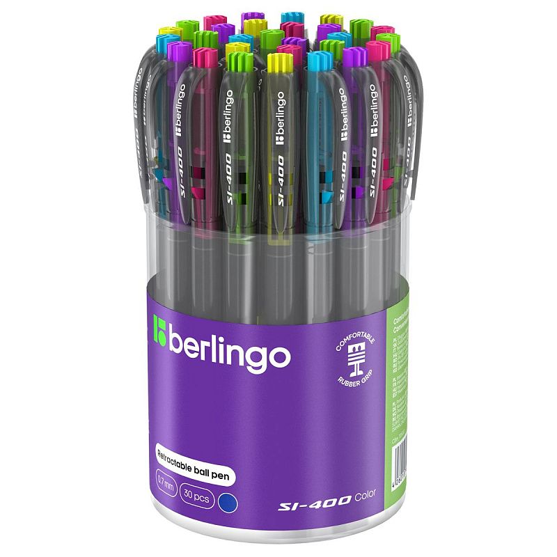 Ручка шариковая автоматическая Berlingo "SI-400 Color" синяя, 0,7мм, грип, корпус ассорти 
