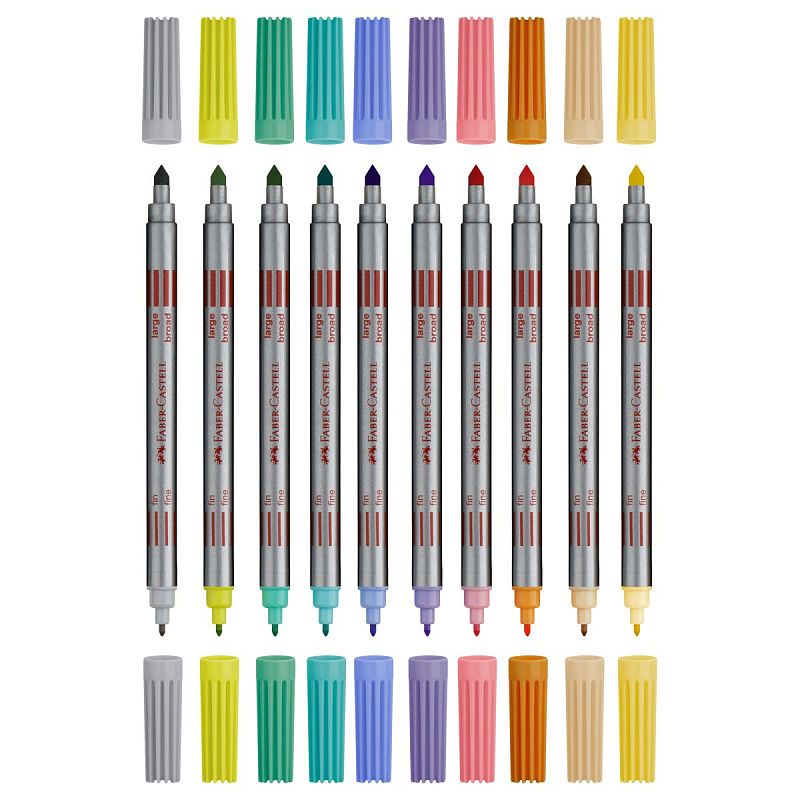 Фломастеры двусторонние Faber-Castell, 10 паст.цв., смываемые, пластик.уп., европодвес