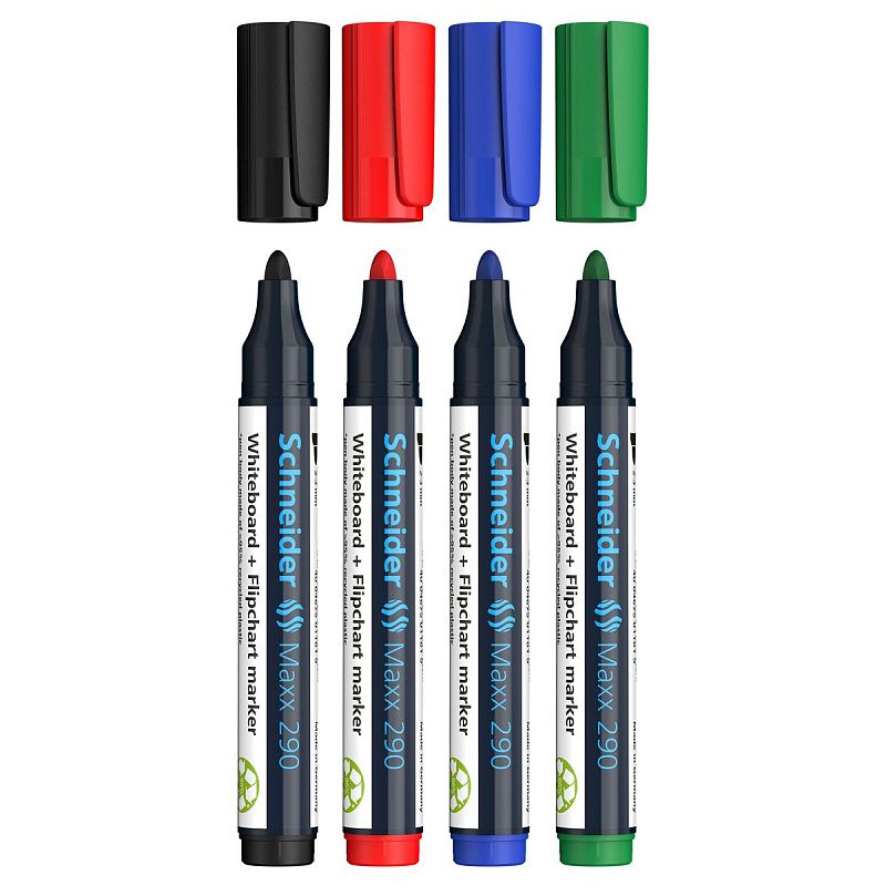 Набор маркеров для белых досок и флипчартов Schneider "Maxx 290" 04цв., пулевидный, 3мм, прозр. чехол 