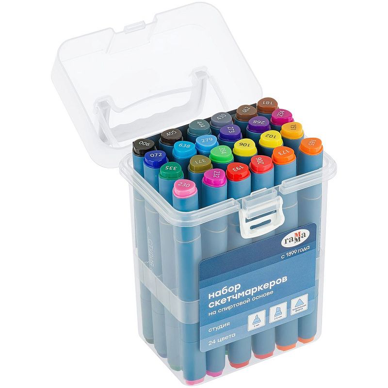 Набор двусторонних маркеров для скетчинга Гамма "Студия" 24цв., основные цвета, корпус трехгранный, пулевид./клиновид. наконечники, пласт.кейс