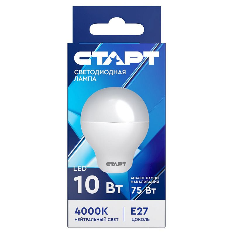 Лампа светодиодная Старт LED, серия "ЭКО" 10W40, тип А "груша", E27, 4000К, холодный свет, 15000ч