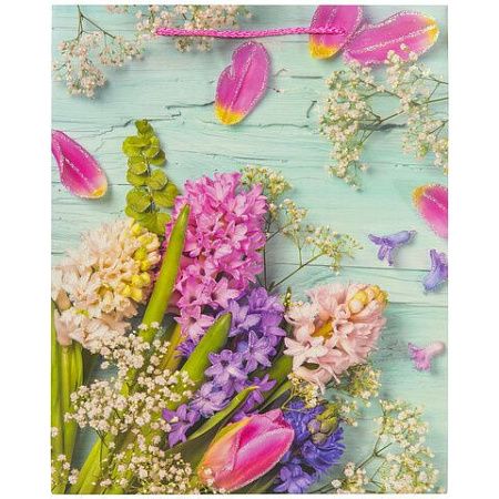 Пакет подарочный 26,5x12,7x33 см ЗОЛОТАЯ СКАЗКА "Spring Flowers", глиттер, розовый с голубым, 608247