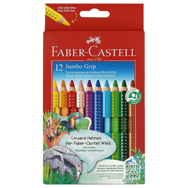 Карандаши цветные Faber-Castell "Jumbo Grip", 12цв., трехгран., утолщен., заточен., картон, европодв