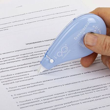 Корректирующая лента BRAUBERG PASTEL 5 мм х 12 м, вращающийся наконечник 90°, механизм перемотки, корпус голубой, блистер, 272488