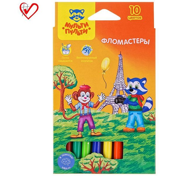 Фломастеры Мульти-Пульти "Енот во Франции", 10цв., смываемые, картон, европодвес