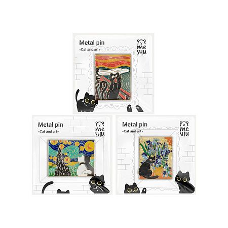 Набор металлических значков MESHU "Cats and art", эмаль, 3шт, картонная подложка, европодвес