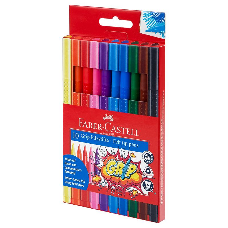 Фломастеры Faber-Castell "Grip", 10цв., трехгранные, смываемые, пластик. уп., европодвес
