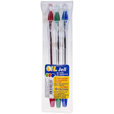 Набор шариковых ручек Crown "Oil Jell" 3шт., 03цв., 0,7мм, ПВХ уп., европодвес 