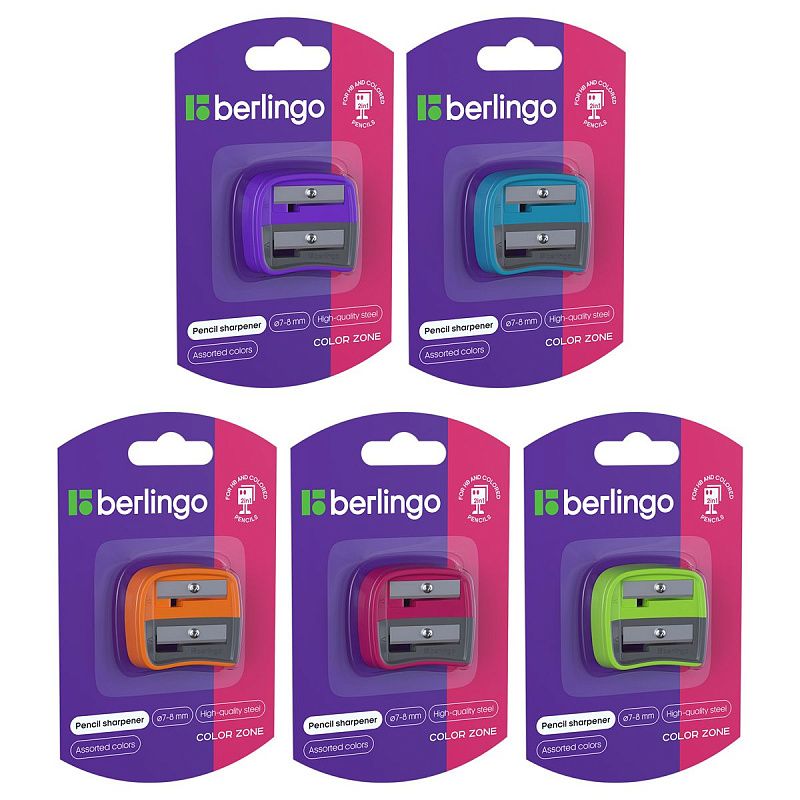 Точилка пластиковая Berlingo "Color Zone Duo", 2 отверстия, для цветных и ч/г карандашей, блистер, ассорти 