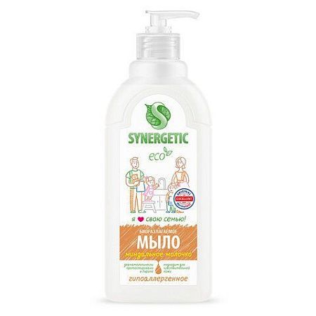 Мыло жидкое 500 мл SYNERGETIC "Миндальное молочко", гипоаллергенное, биоразлагаемое, дозатор, 105058 