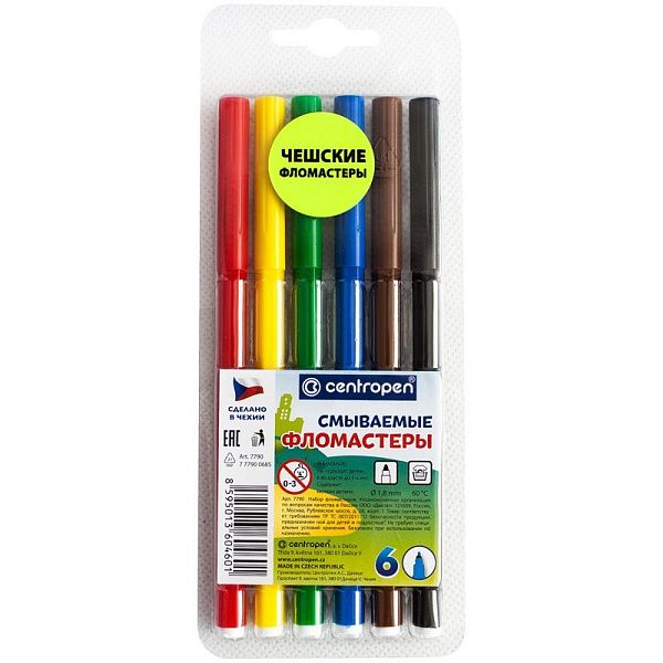 Фломастеры Centropen "Washable", 06цв., смываемые, блистер