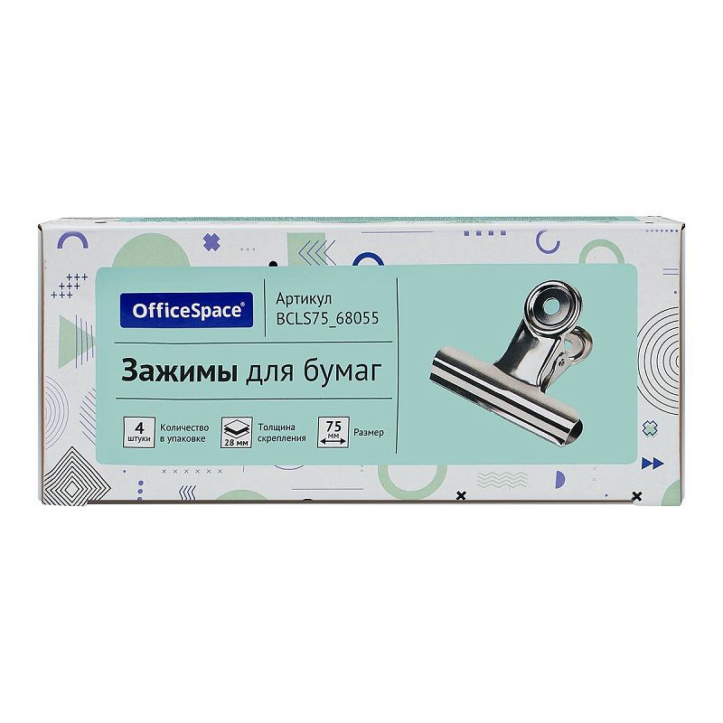 Зажимы-бульдоги для бумаг 75мм, OfficeSpace, 4шт., серебряные, картонная коробка