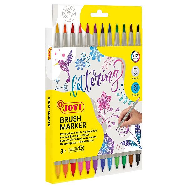 Набор двухсторонних маркеров-кистей JOVI "Lettering", 12цв., на водной основе, кисть/пулевидный