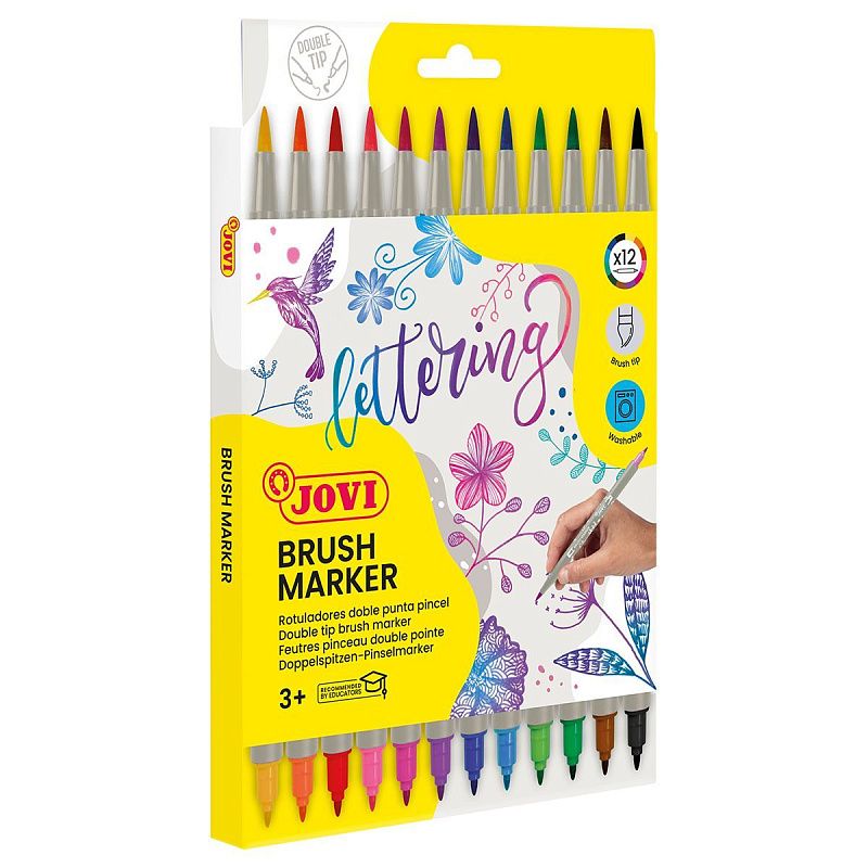 Набор двухсторонних маркеров-кистей JOVI "Lettering", 12цв., на водной основе, кисть/пулевидный