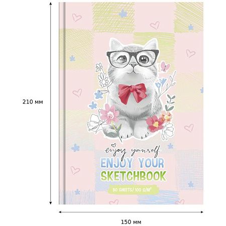 Скетчбук 80л., А5 7БЦ BG "Котик с бантиком", матовая ламинация, белый блок с градиентом, 100г/м2