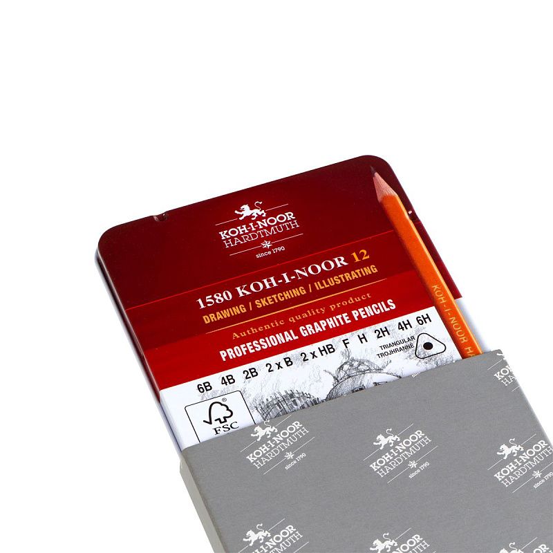 Набор карандашей ч/г Koh-I-Noor "1582" 12шт., 6B-6H, трехгранный, заточен., метал.пенал 