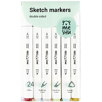 Набор двусторонних маркеров для скетчинга MESHU 24цв., пастельные цвета, корпус трехгранный, пулевид./клиновид.наконечники, ПВХ-бокс