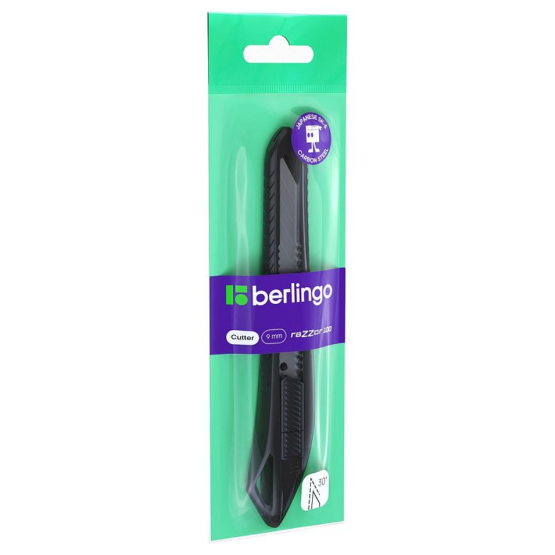 Нож канцелярский 9мм Berlingo "Razzor 100", push-lock, ассорти, европодвес