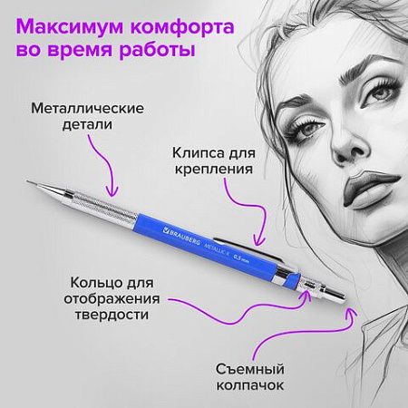 Карандаш механический 0,5 мм + грифели HB 24 штуки на блистере, BRAUBERG "METALLIC-X 05", металлические детали, 181965 