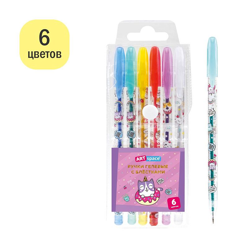 Набор гелевых ручек ArtSpace "Кот-сластена" 06цв., 1,0мм, с блестками, ПВХ чехол 