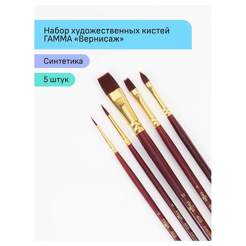 Набор художественных кистей синтетика бордовая Гамма "Вернисаж", 5шт., круглые №0, 4, плоские №6, 12, плоскоовальная №4, блистер, европодвес