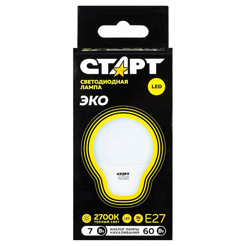 Лампа светодиодная Старт LED, серия "WS" 7W30, тип А "груша", E27, 2700К, теплый свет, 25000ч