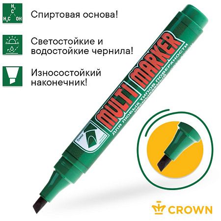 Маркер перманентный Crown "Multi Marker Chisel" зеленый, скошенный, 5мм 