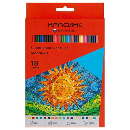 Карандаши цветные Красин "Мозаика", 18цв., шестигран., заточен., картон, европодвес